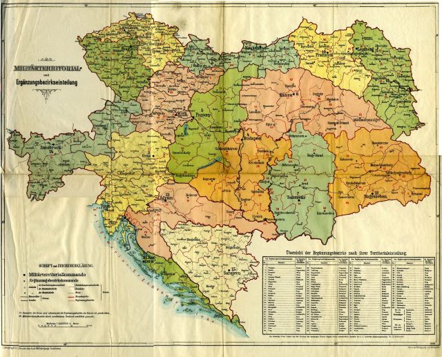 Prehľadná mapa vojenských doplňovacích obvodov Rakúsko-Uhorska z roku 1909 (5 M<img class='smiley' style='width:20px;height:20px;' src='images/smiley/cool.svg' alt='Cool'>