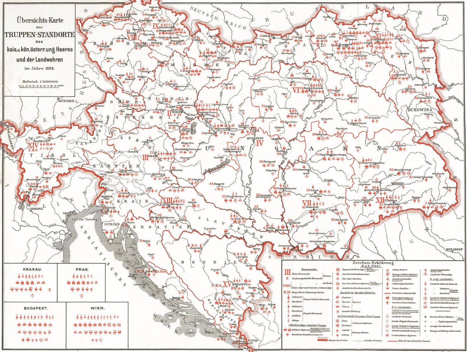 Prehľadná mapa vojenských veliteľstiev Rakúsko-Uhorska z roku 1898 (0,5 M<img class='smiley' style='width:20px;height:20px;' src='images/smiley/cool.svg' alt='Cool'>